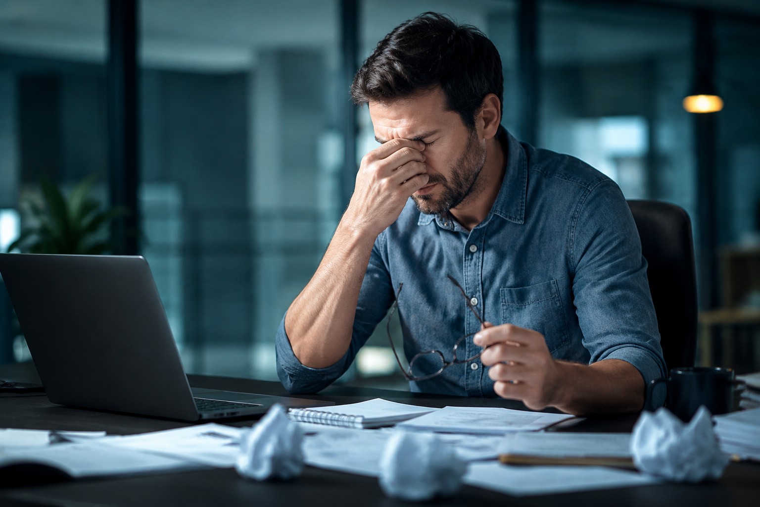 Homme stressé au travail, cortisol élevé