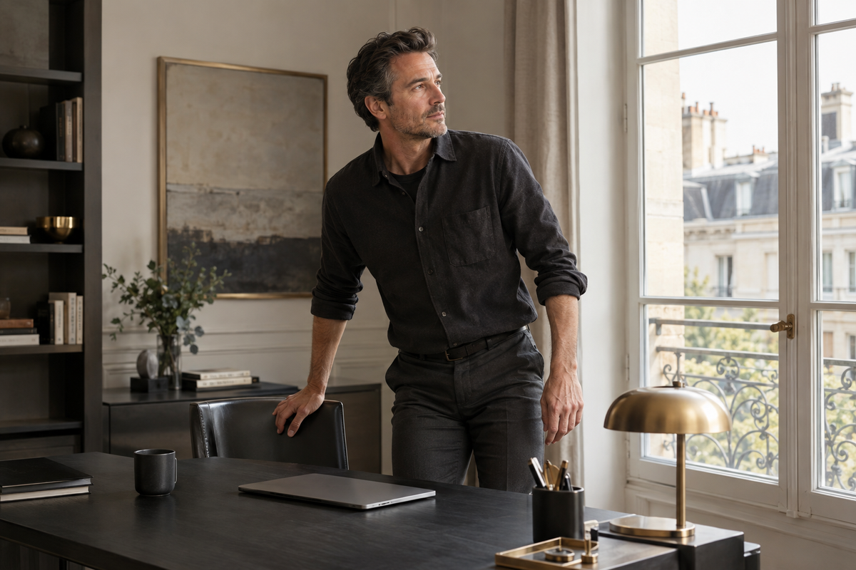 Homme se levant de son bureau dans un espace de travail lumineux