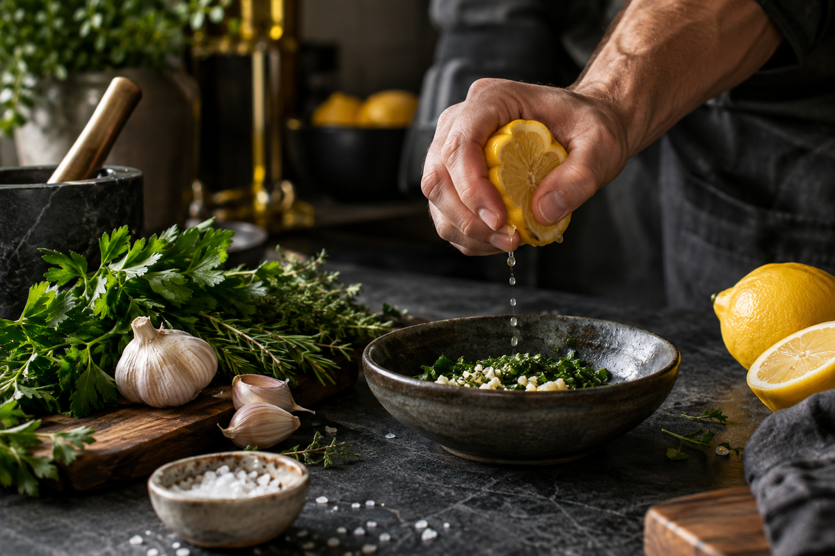 Citron, herbes et ail utilisés pour assaisonner un plat