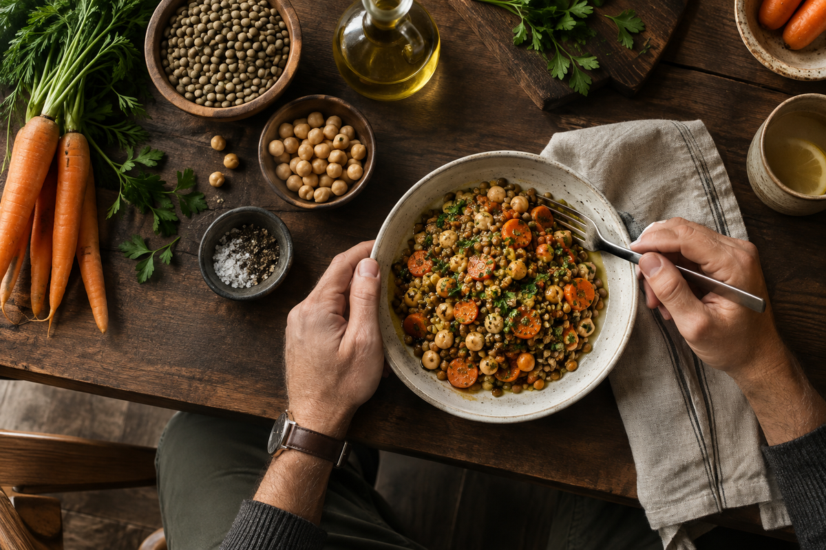 Lentilles, pois chiches et légumes prêts à composer un repas