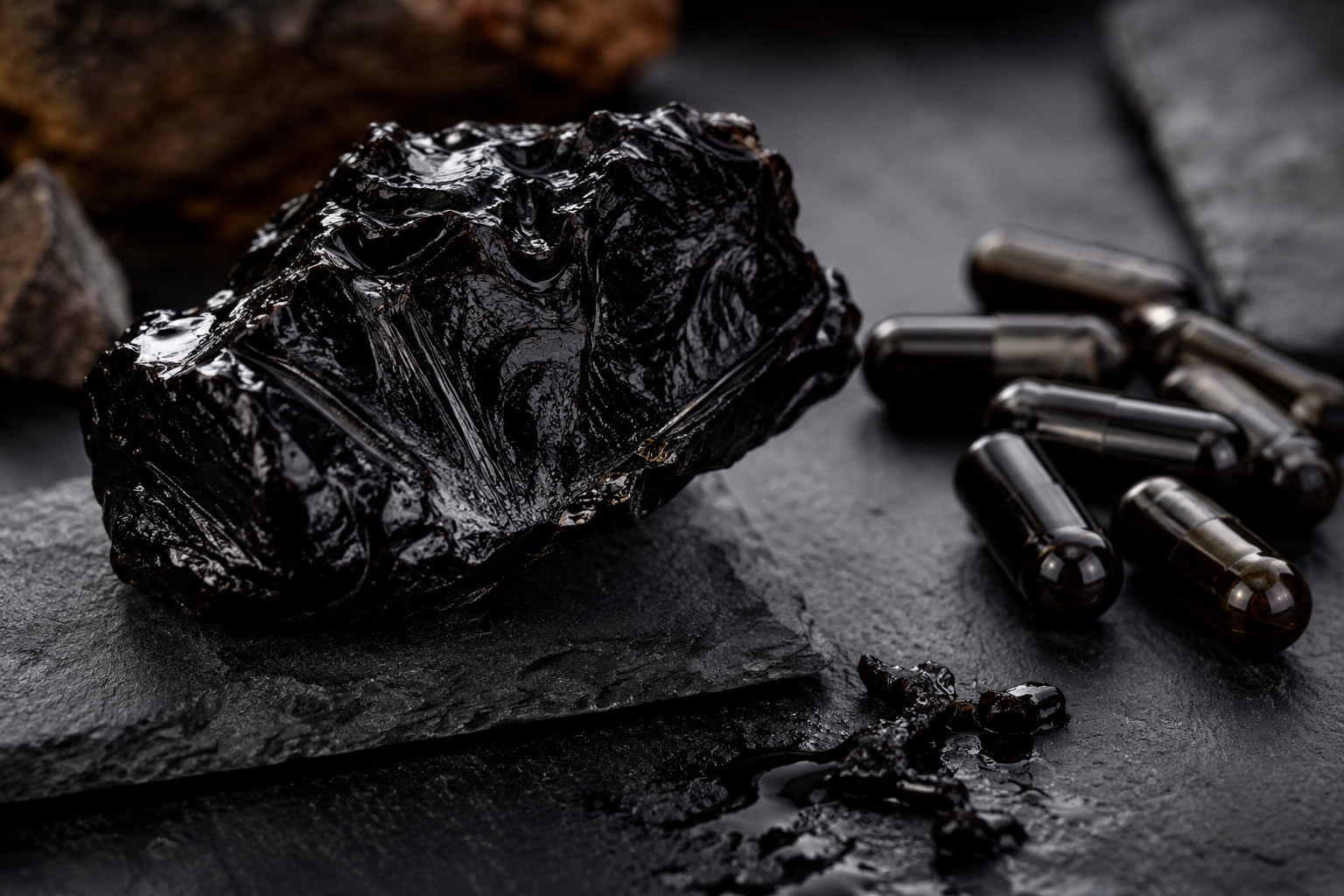 Résine de shilajit pur et gélules sur ardoise, qualité et précautions