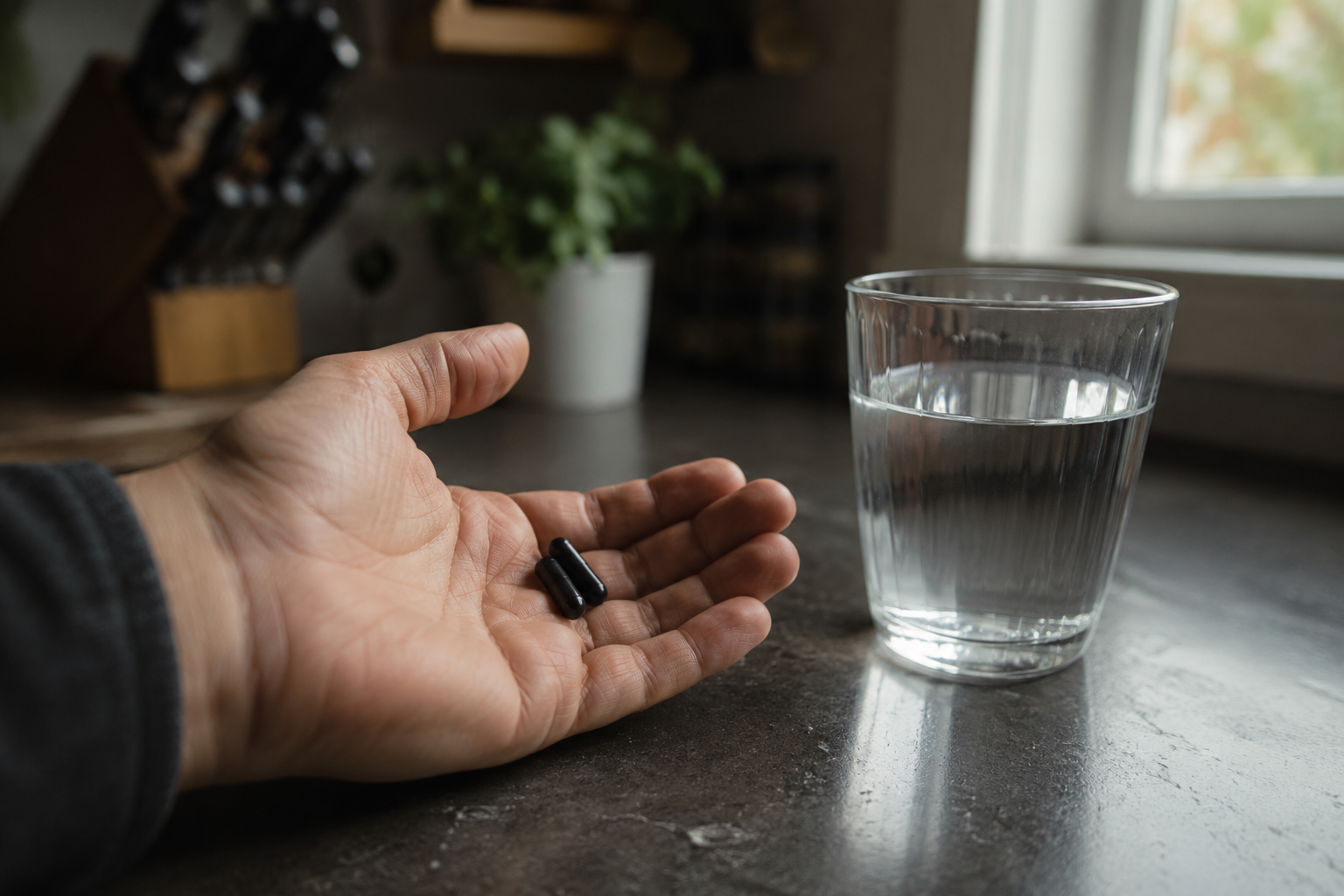 Main tenant une gélule avec un verre d'eau, posologie du shilajit