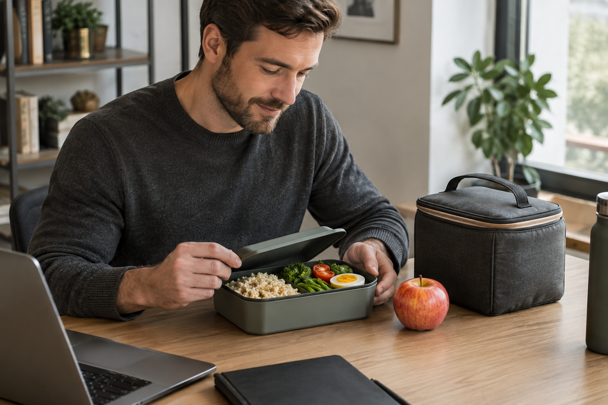 Boîte-repas avec féculent, légumes et œuf près d’un sac isotherme