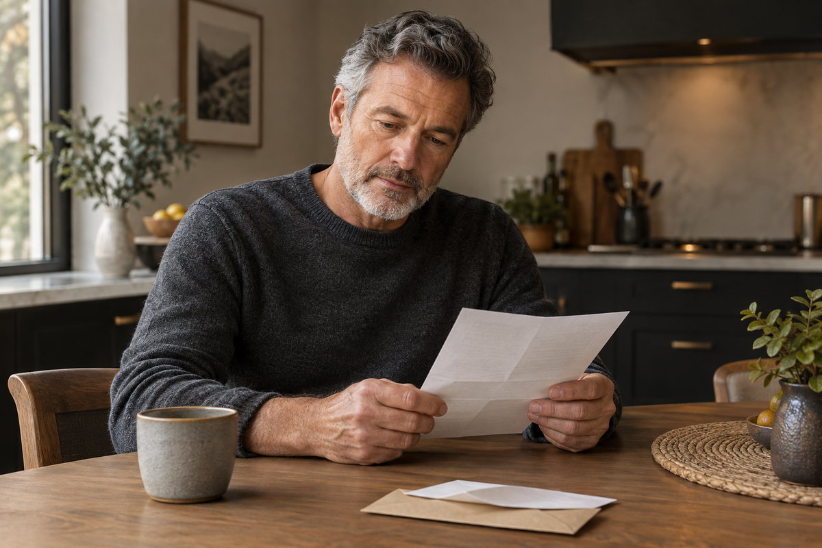 Homme consultant un document de prévention à sa table