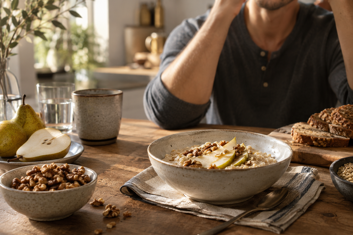 Flocons d’avoine, poire, noix et pain complet sur une table