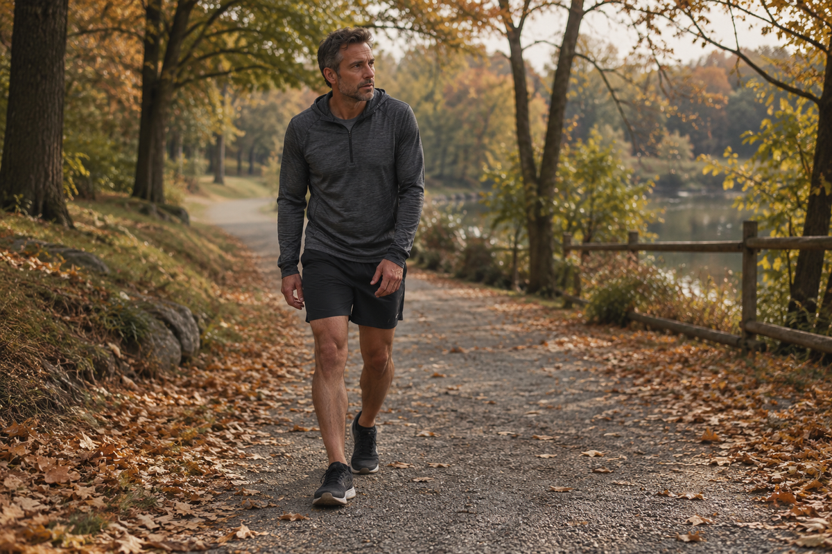 Homme alternant course et marche sur un chemin de parc