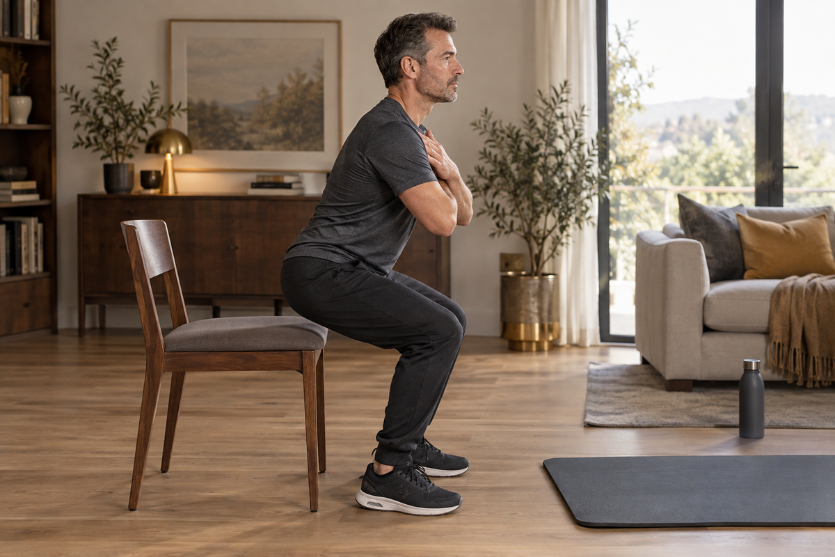 Homme réalisant un mouvement de lever de chaise à domicile