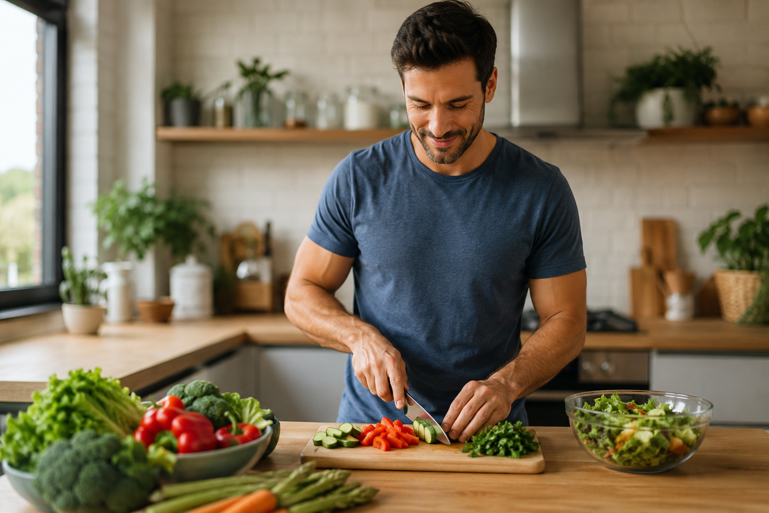 Homme préparant un repas sain, hygiène de vie