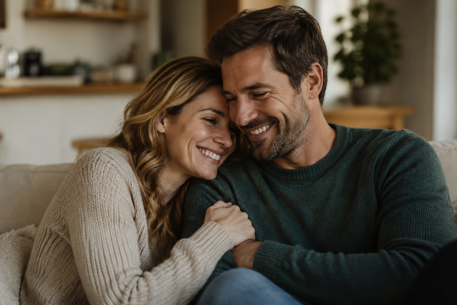 Couple complice et détendu à la maison, libido masculine