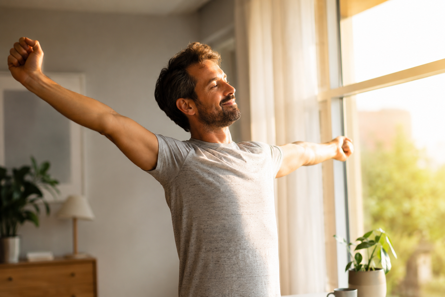 Homme qui s'étire le matin, routine matinale énergisante