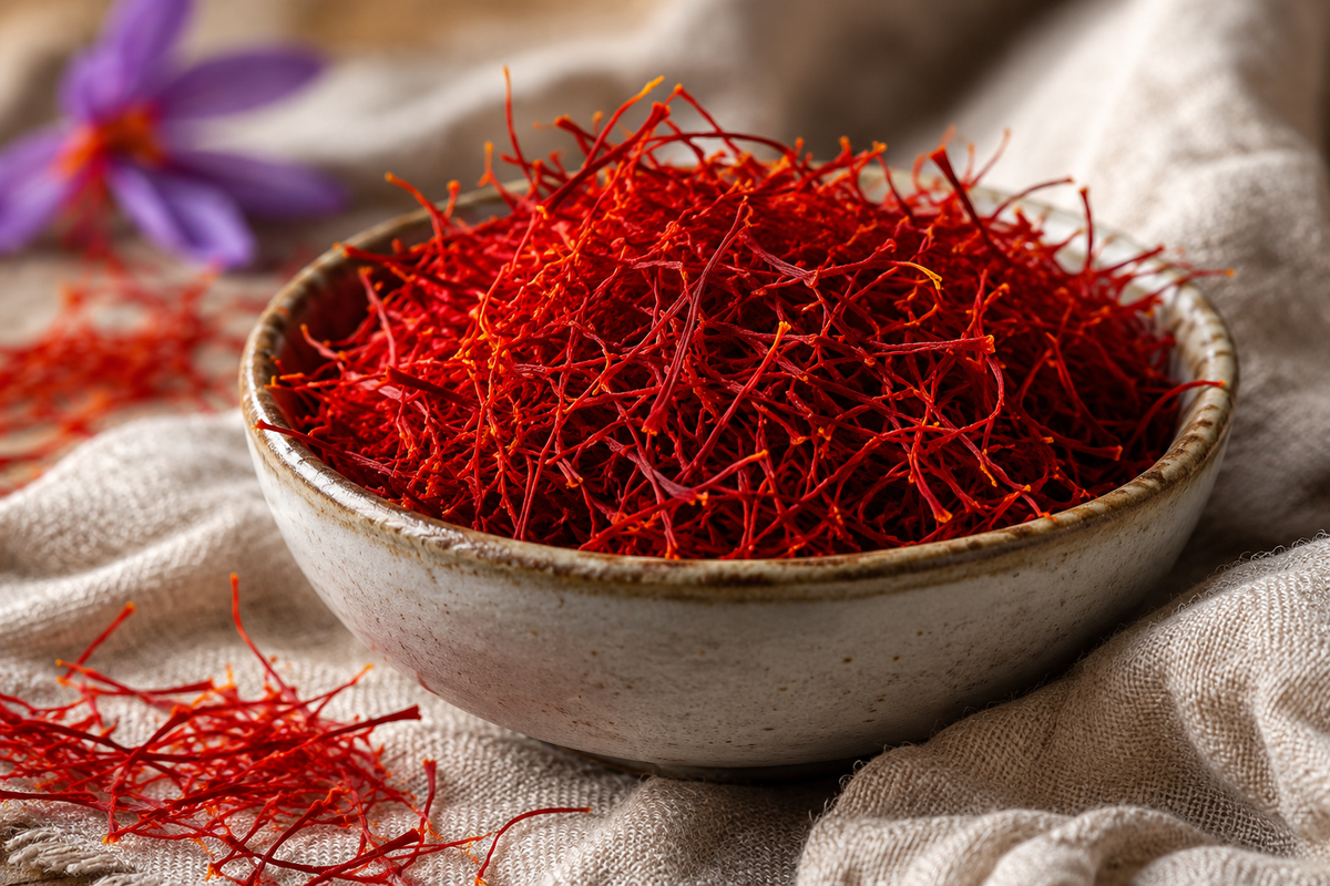 Pistils de safran rouge dans un bol