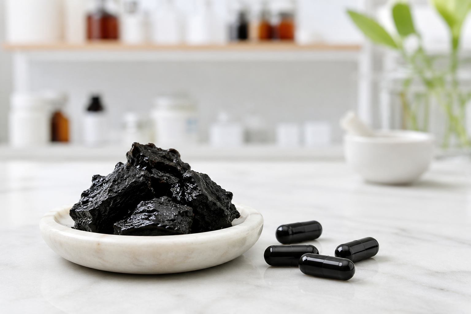 Résine de shilajit et gélules sur comptoir de pharmacie